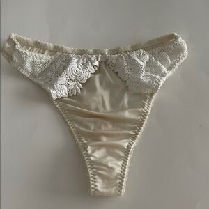 Vintage cream satin thong with white embroidered lace and bow